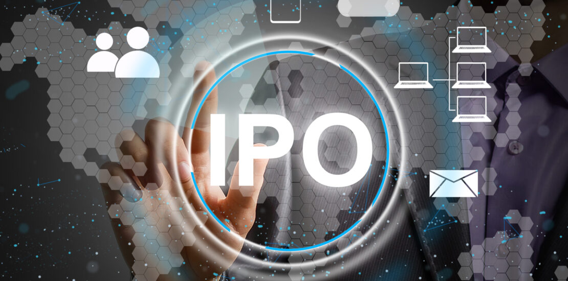 Businessman presses button ipo Initial Public Offering network on chart